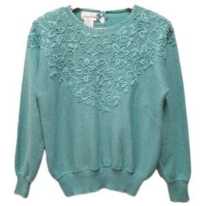 VTG 80s Jaclyn Smith Sweater Womens Small Pastel Green Knit Embroidered Pearls